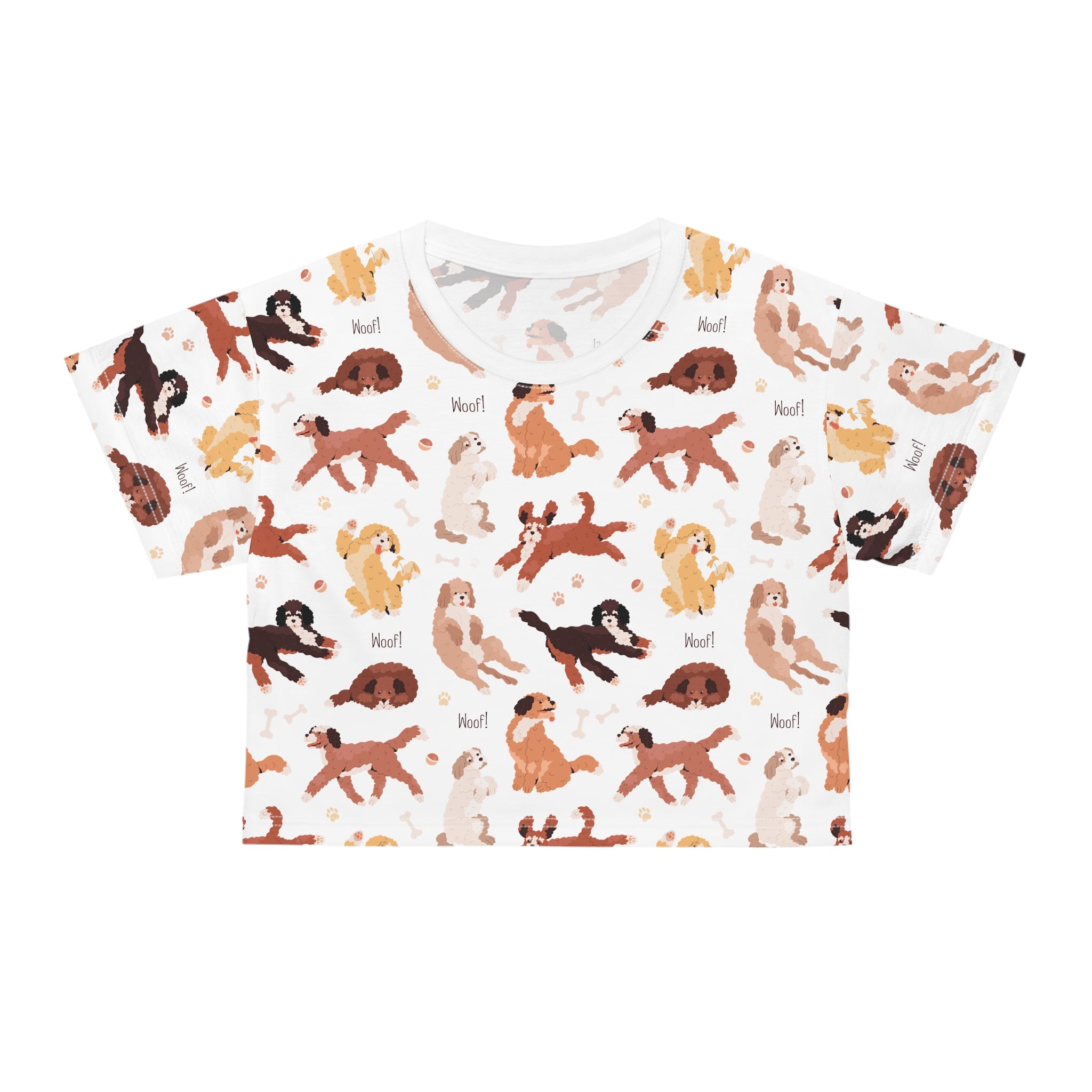 Cropped Tee — Allover Playful Dogs Pattern ("Woof!")