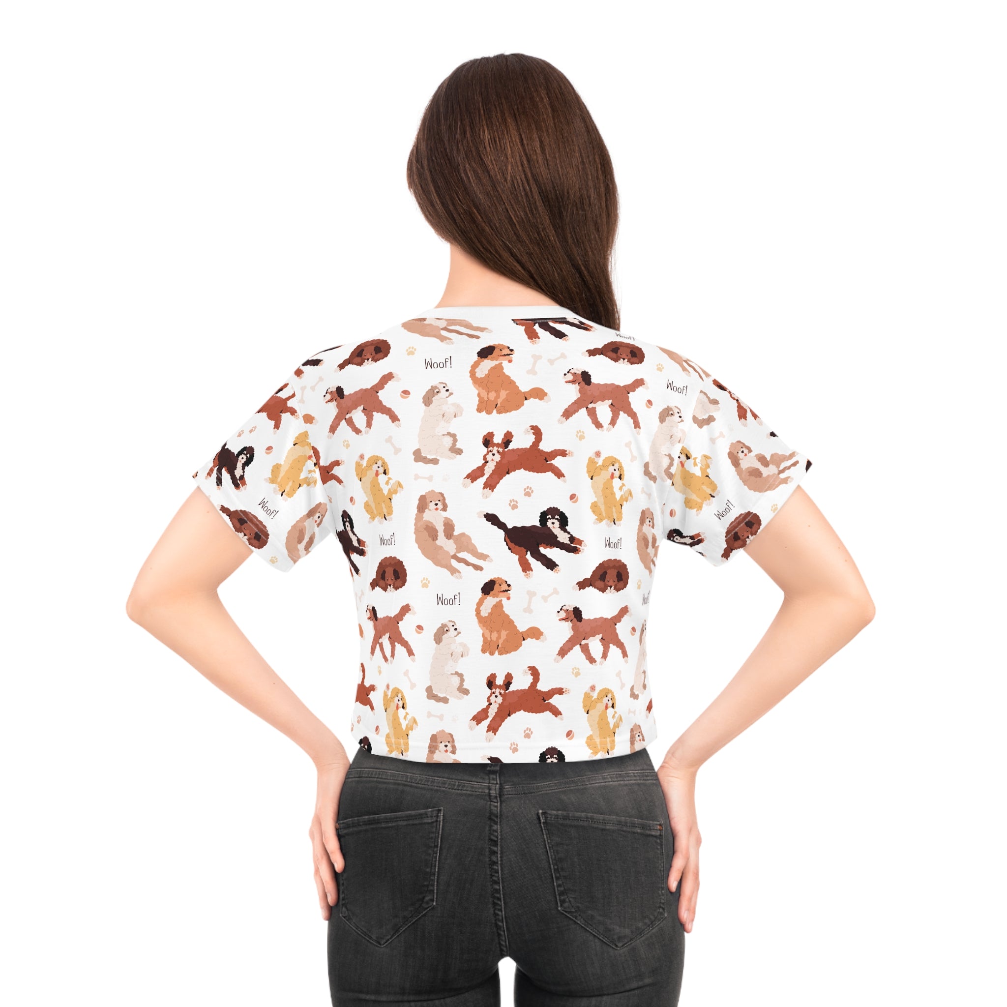 Cropped Tee — Allover Playful Dogs Pattern ("Woof!")