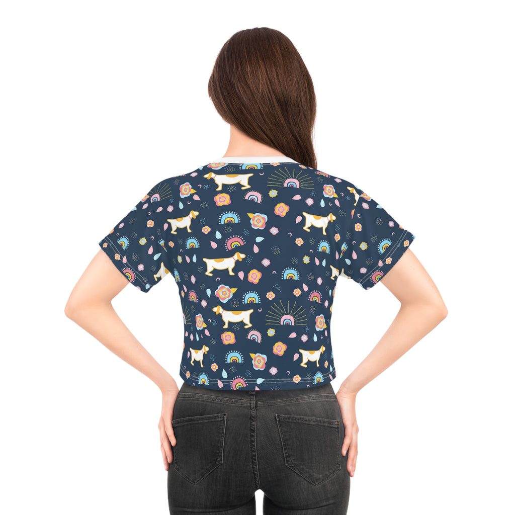 Pet Lover Paw Pattern Crop Tee — All-Over Dog & Cat Print