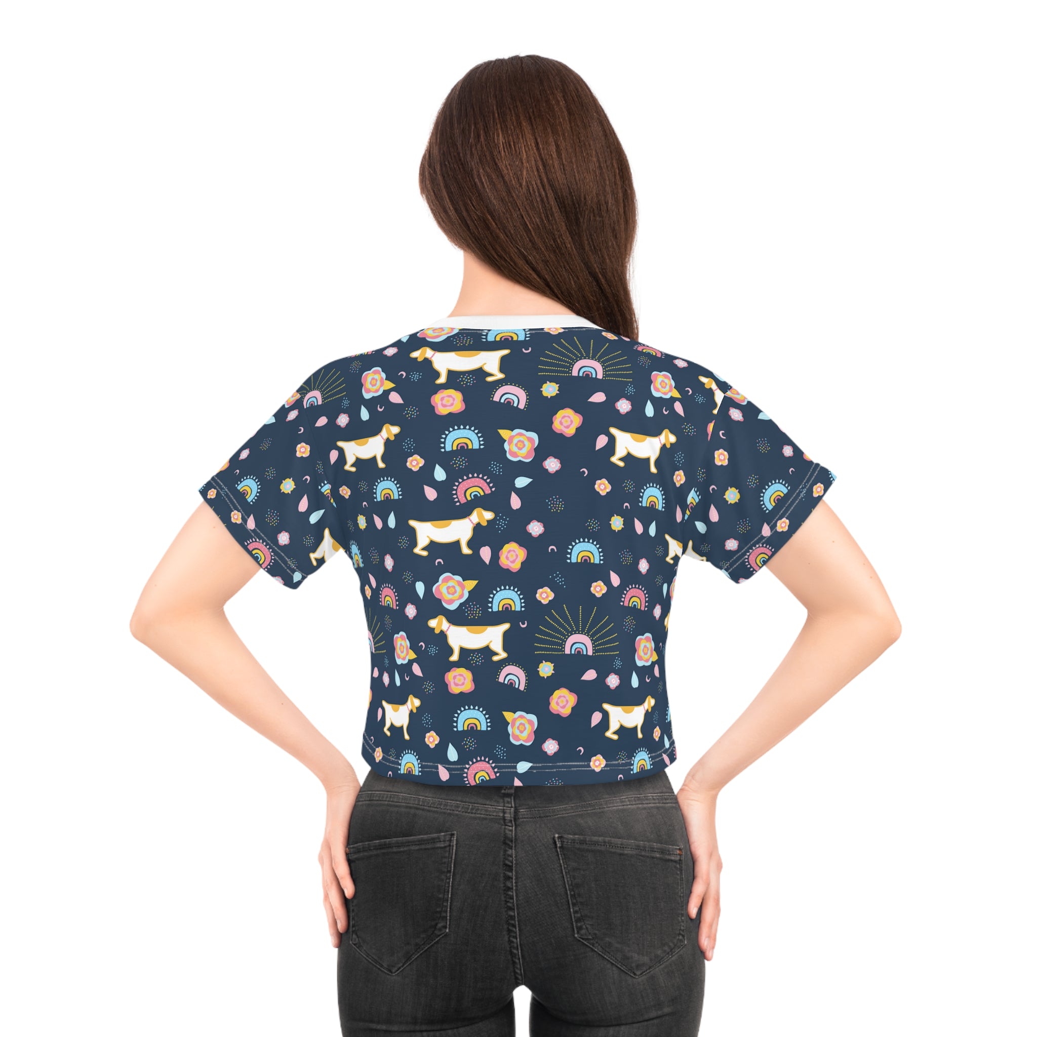 Pet Lover Paw Pattern Crop Tee — All-Over Dog & Cat Print