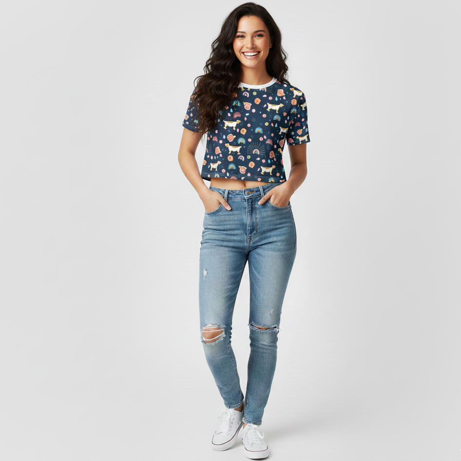 Pet Lover Paw Pattern Crop Tee — All-Over Dog & Cat Print