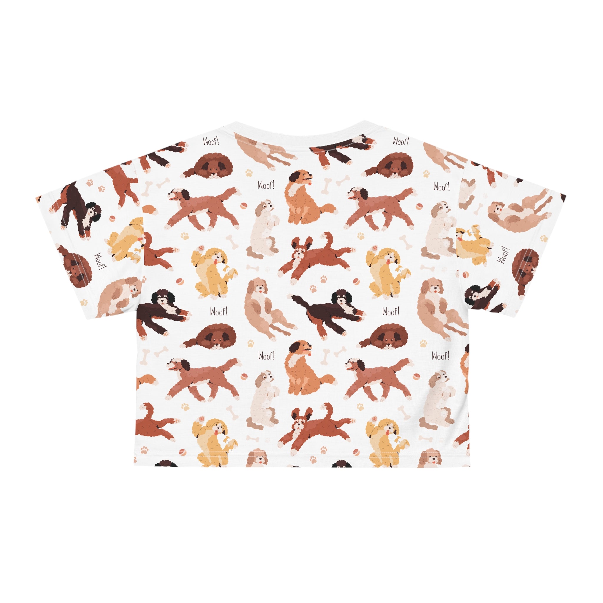 Cropped Tee — Allover Playful Dogs Pattern ("Woof!")